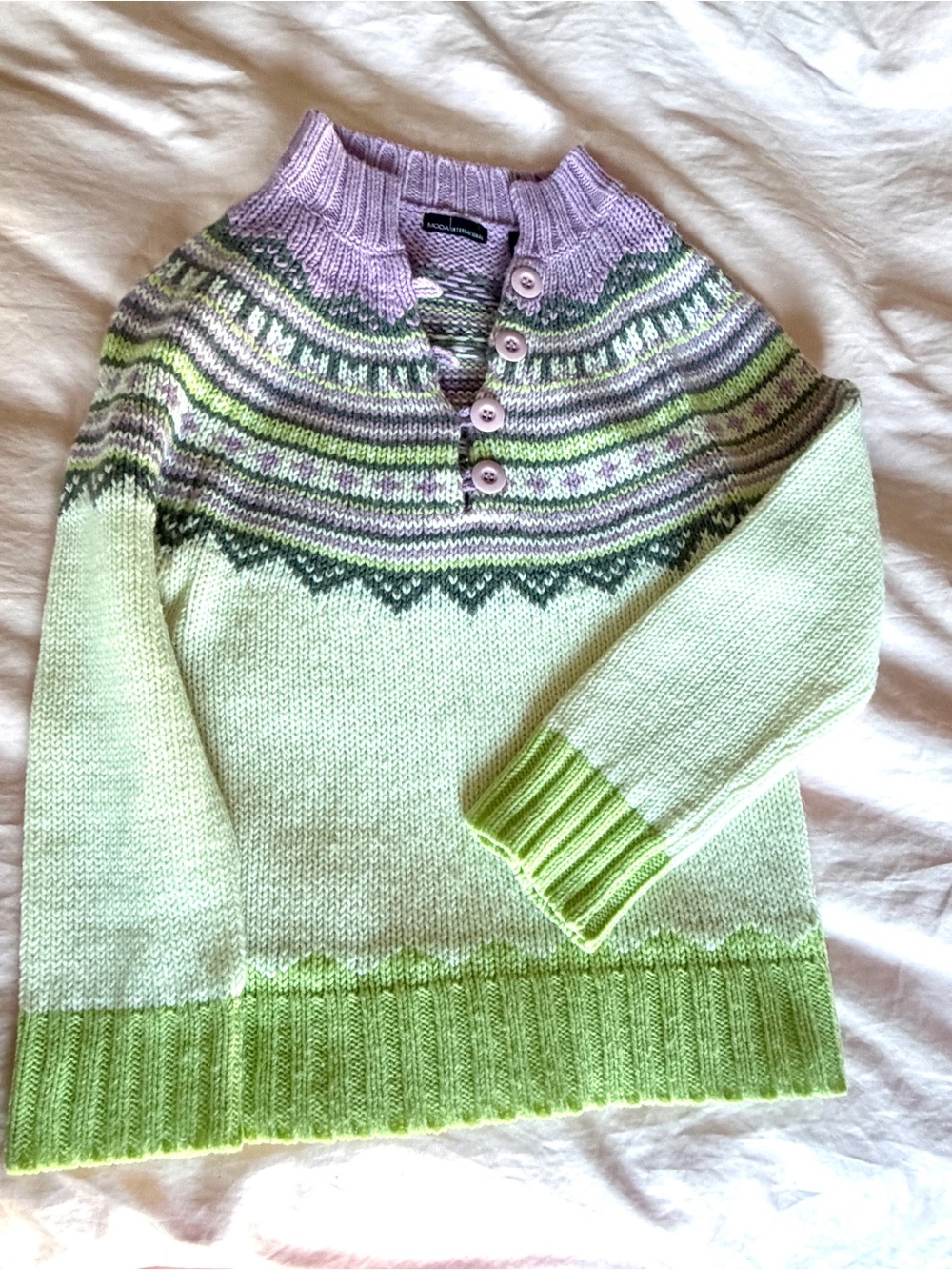 Women’s Moda International Green & Purple Vintage Patterned Henley Knit Sweater